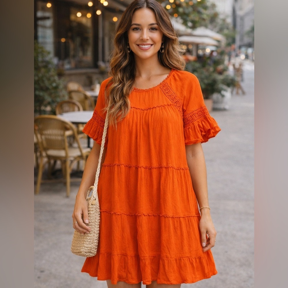 Orange Tiered Babydoll Dress | Boho Cotton Gauze Cottagecore Mini Dress size M